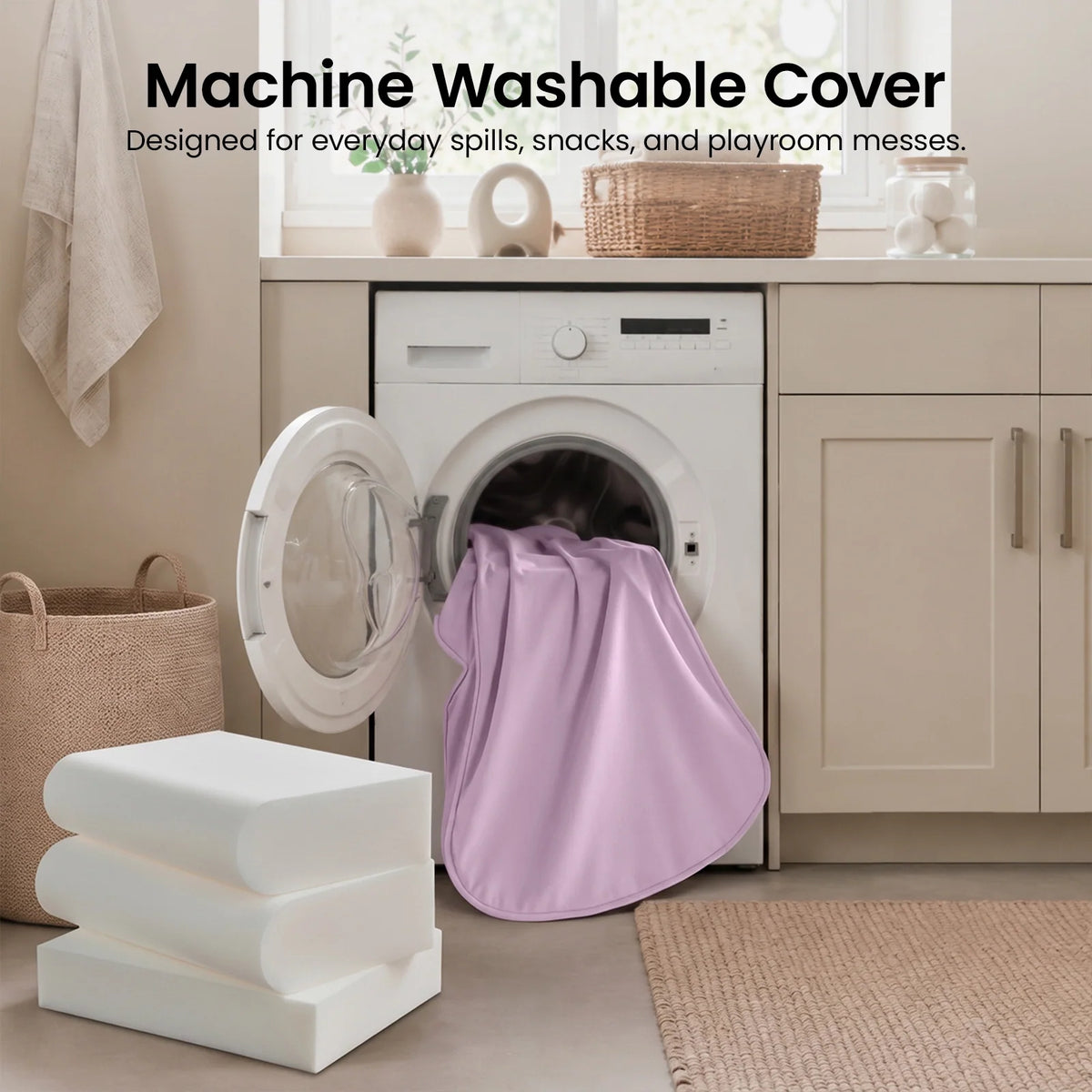 Light purple removable sofa chair cover shown being washed in a front-load machine