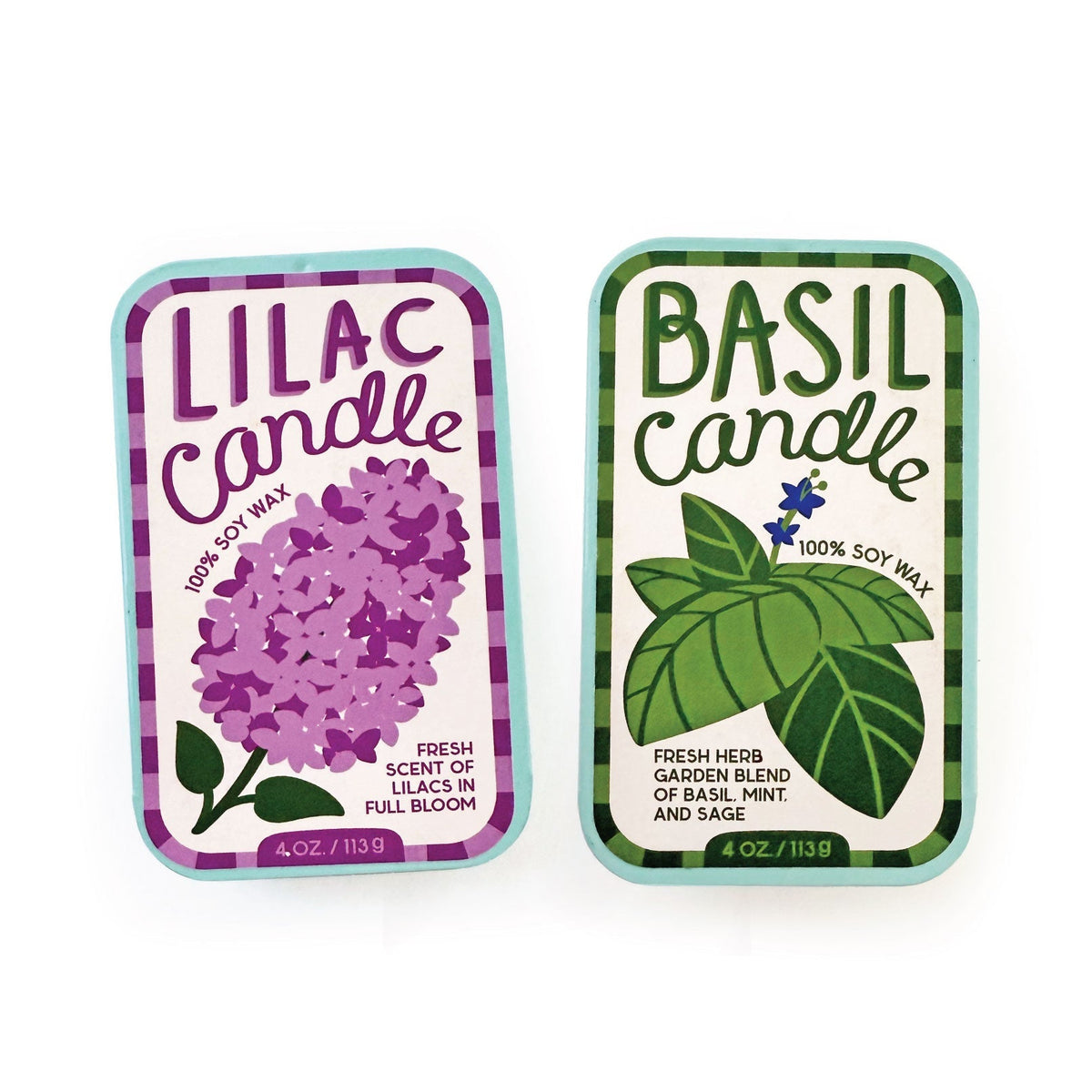 Soy wax candle tin with lilac floral label, purple blossoms on pale mint lid.