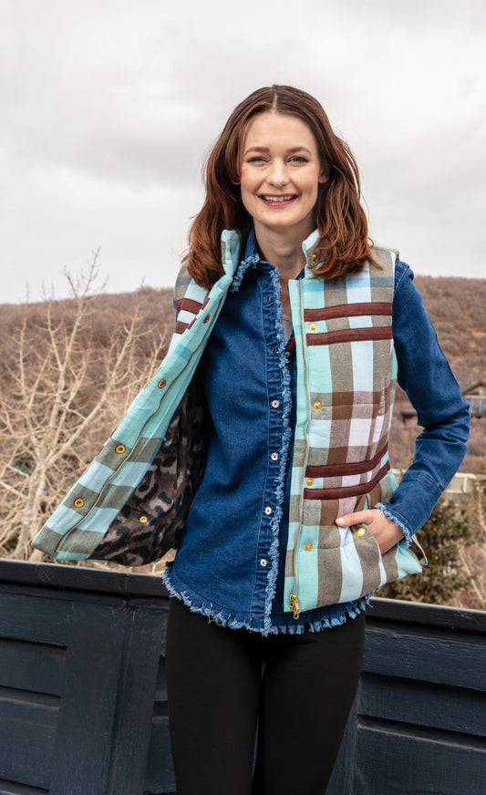 Plaid flannel vest, button-front, striped brown/cream/light blue panels