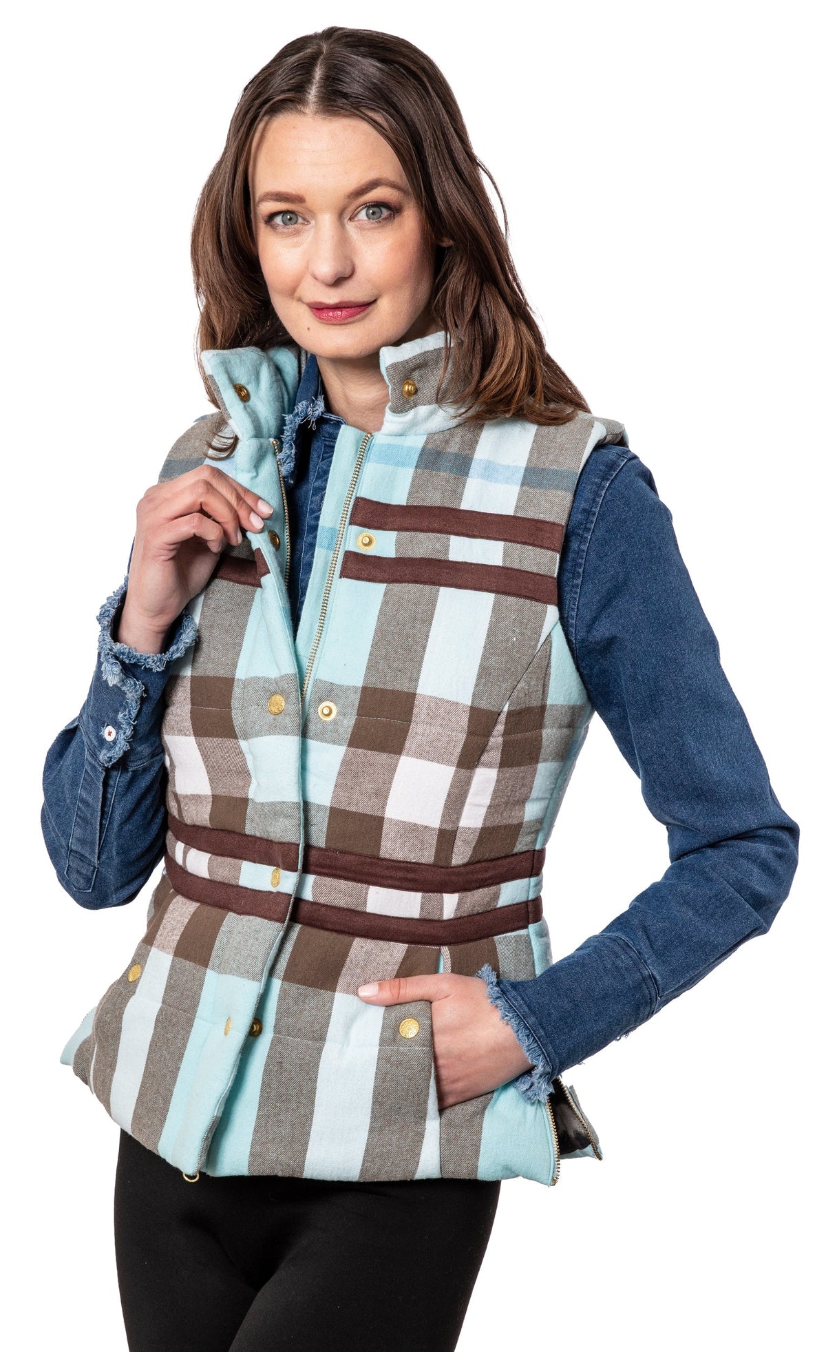 Plaid flannel vest, button-front, light blue plaid with brown and cream stripes