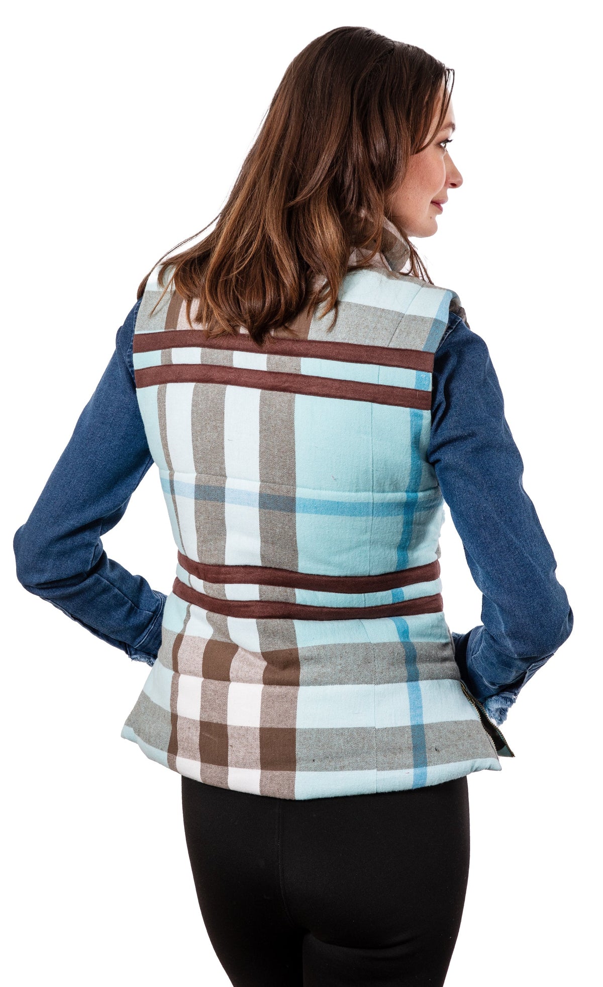Plaid flannel vest back view with button-close and brown, cream, light blue stripes