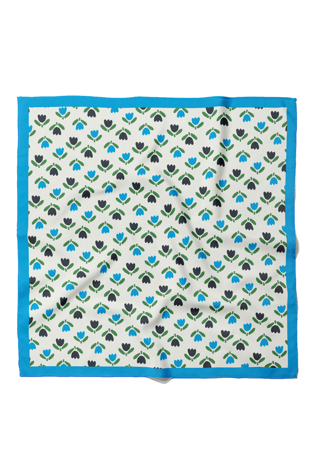 Cotton bandana square scarf with repeating tulip pattern and blue border.