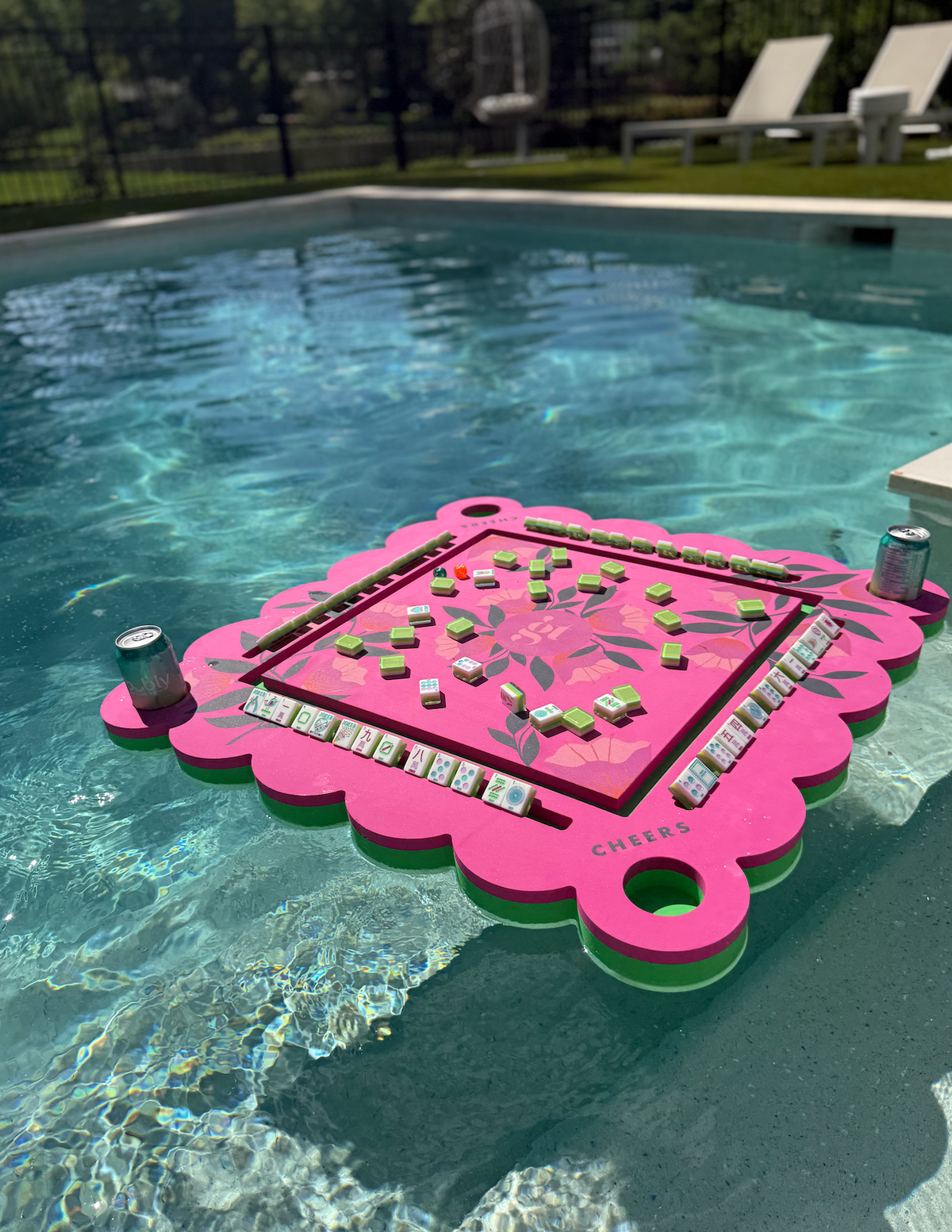 Neon floral pink floating mahjong tile mat with tile rack detail and four corner pegs