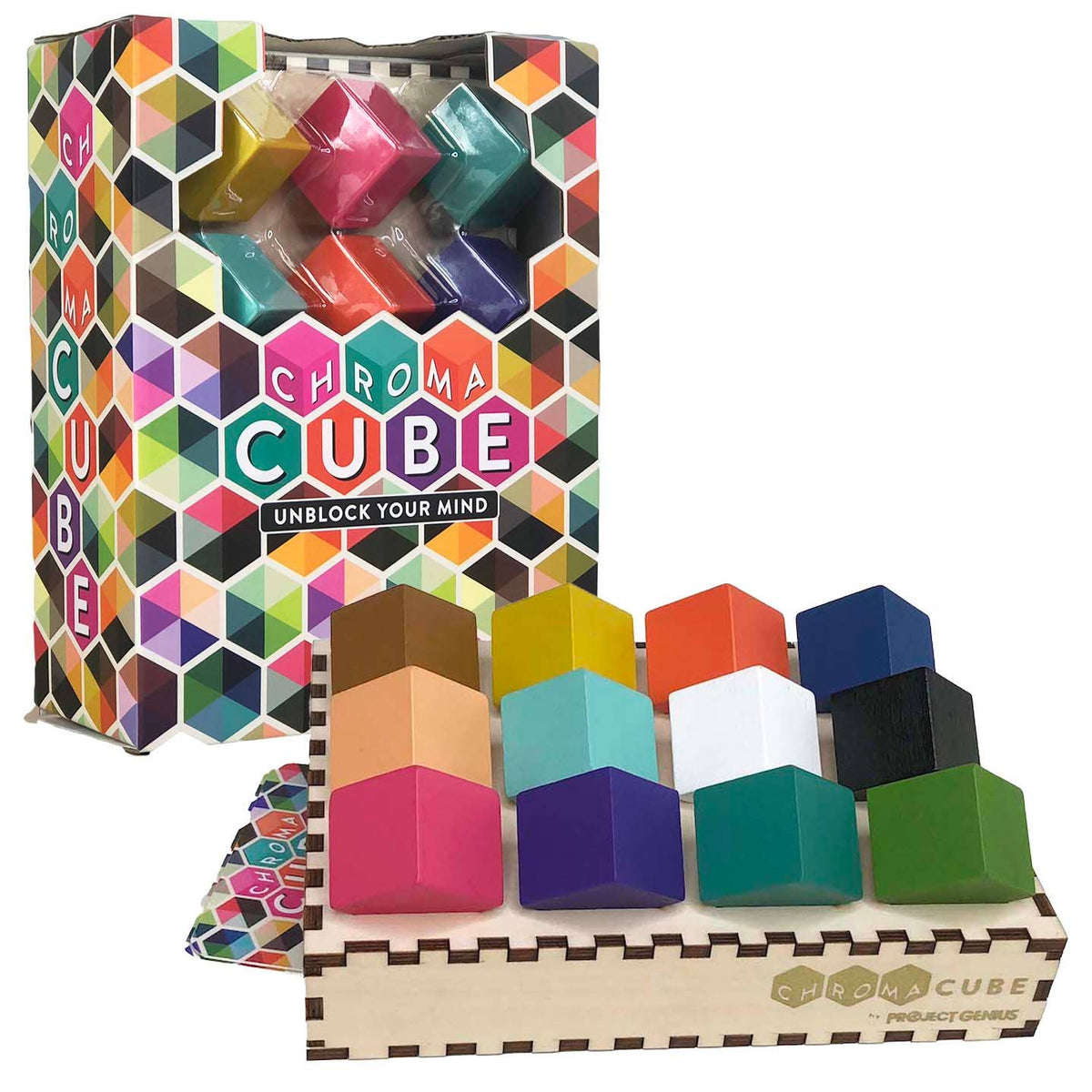 Colorful logic cube puzzle box with geometric cube pieces and storage tray