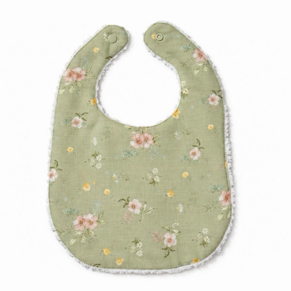Green floral baby bib with pink and yellow blossoms, snap-button closure, scalloped edge