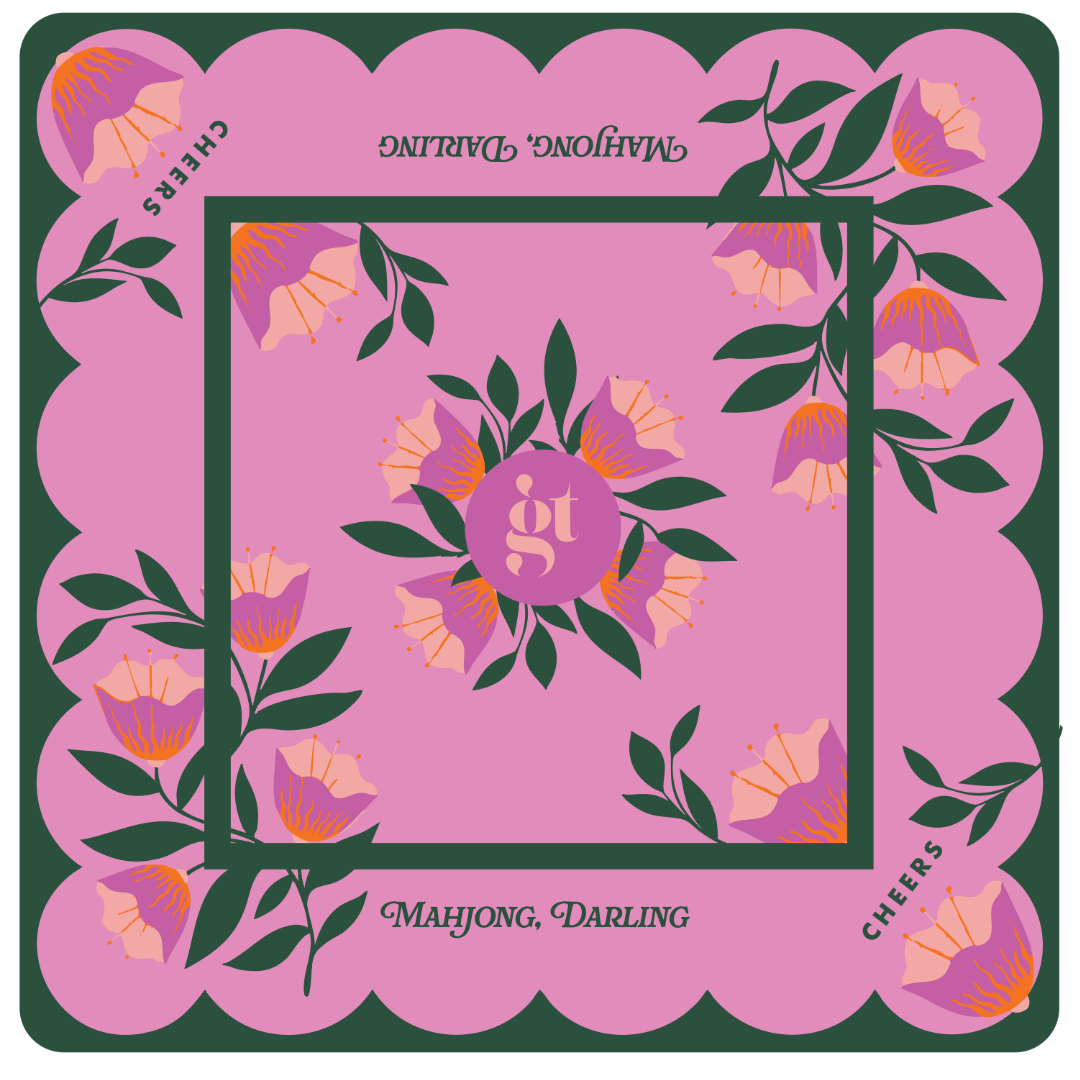 Square mat with pink floral pattern, dark green border, scalloped corners, 33x33