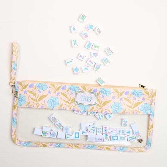 Floral Mahjong tile pouch with clear window and zipper, tiles visible inside; aqua accents