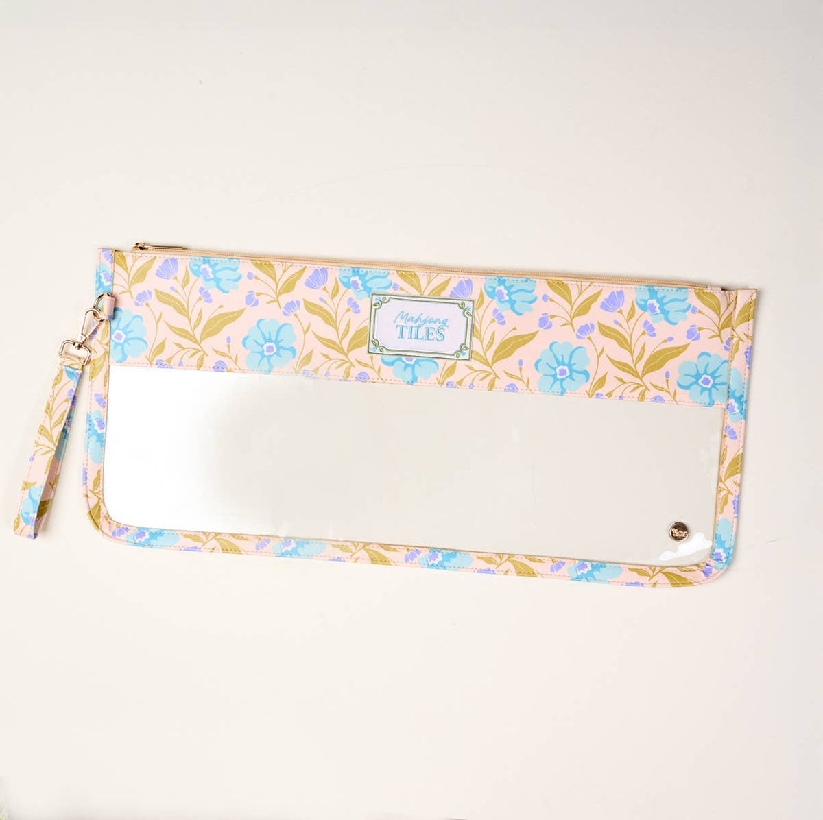 Aqua floral zippered Mahjong tile keeper pouch with clear front window and wrist strap