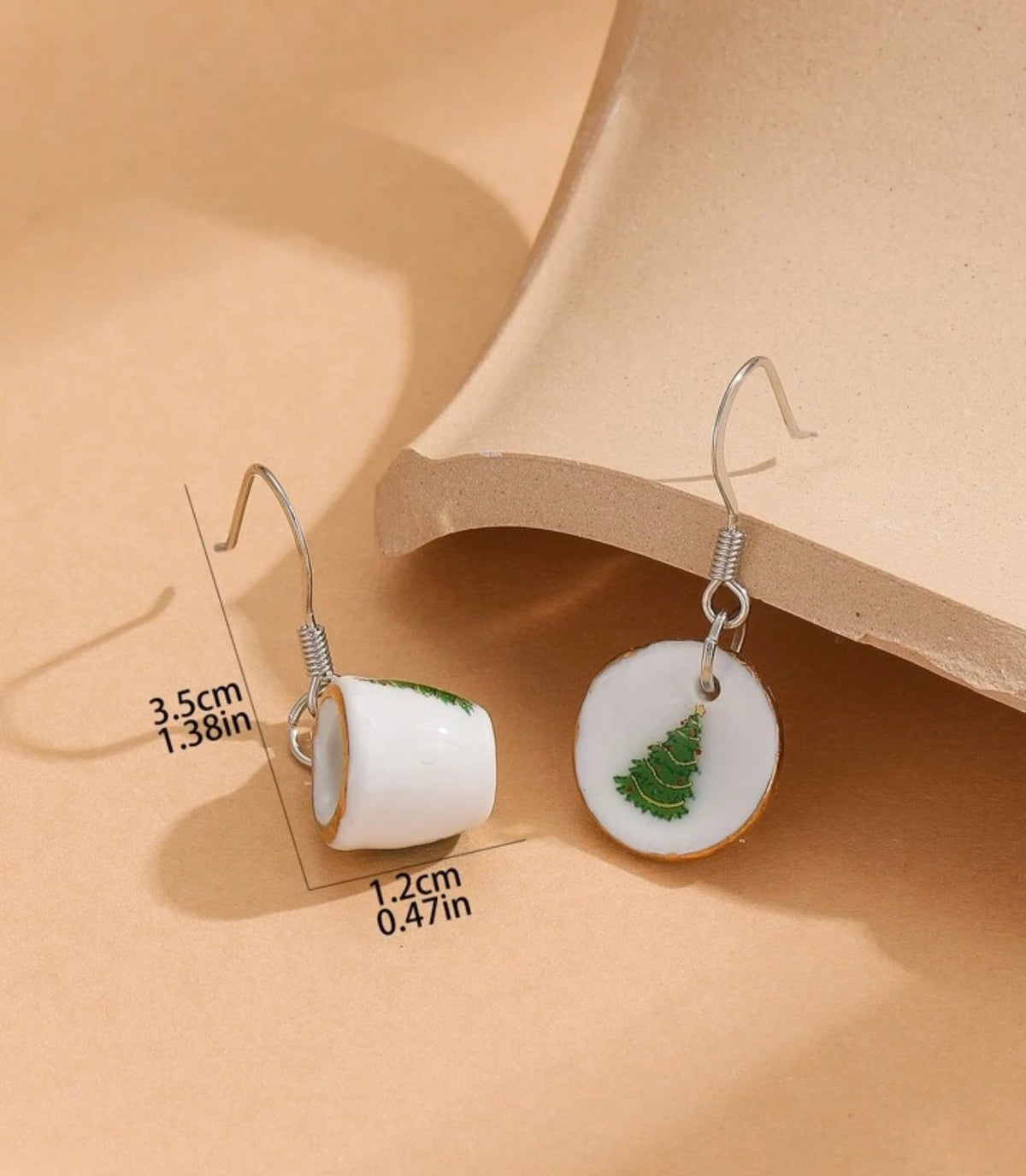 Tea cup and round dangle earrings with green tree decoration and silver hooks