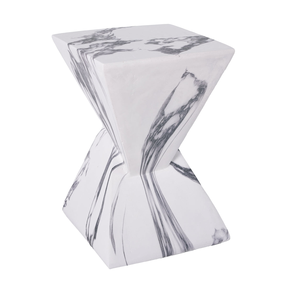 White concrete side table with gray veining and a sculptural hourglass silhouette