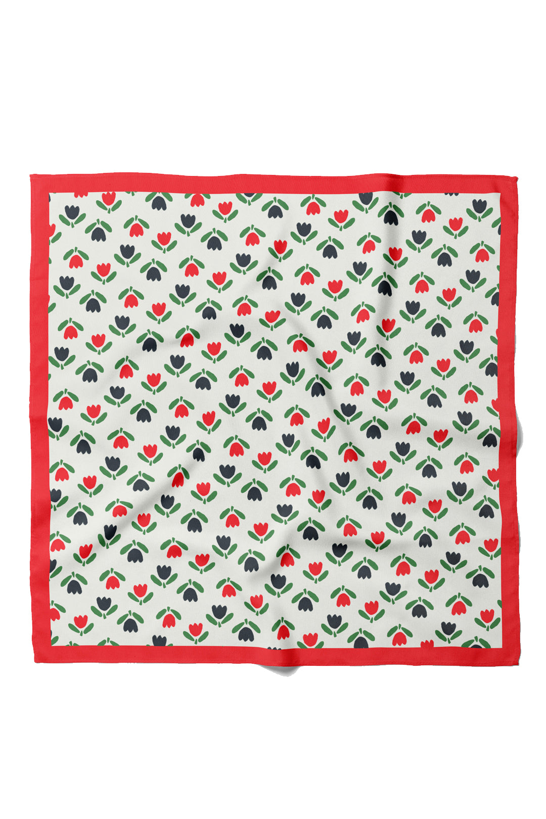 Square cotton bandana with tulip motifs and red frame, flat