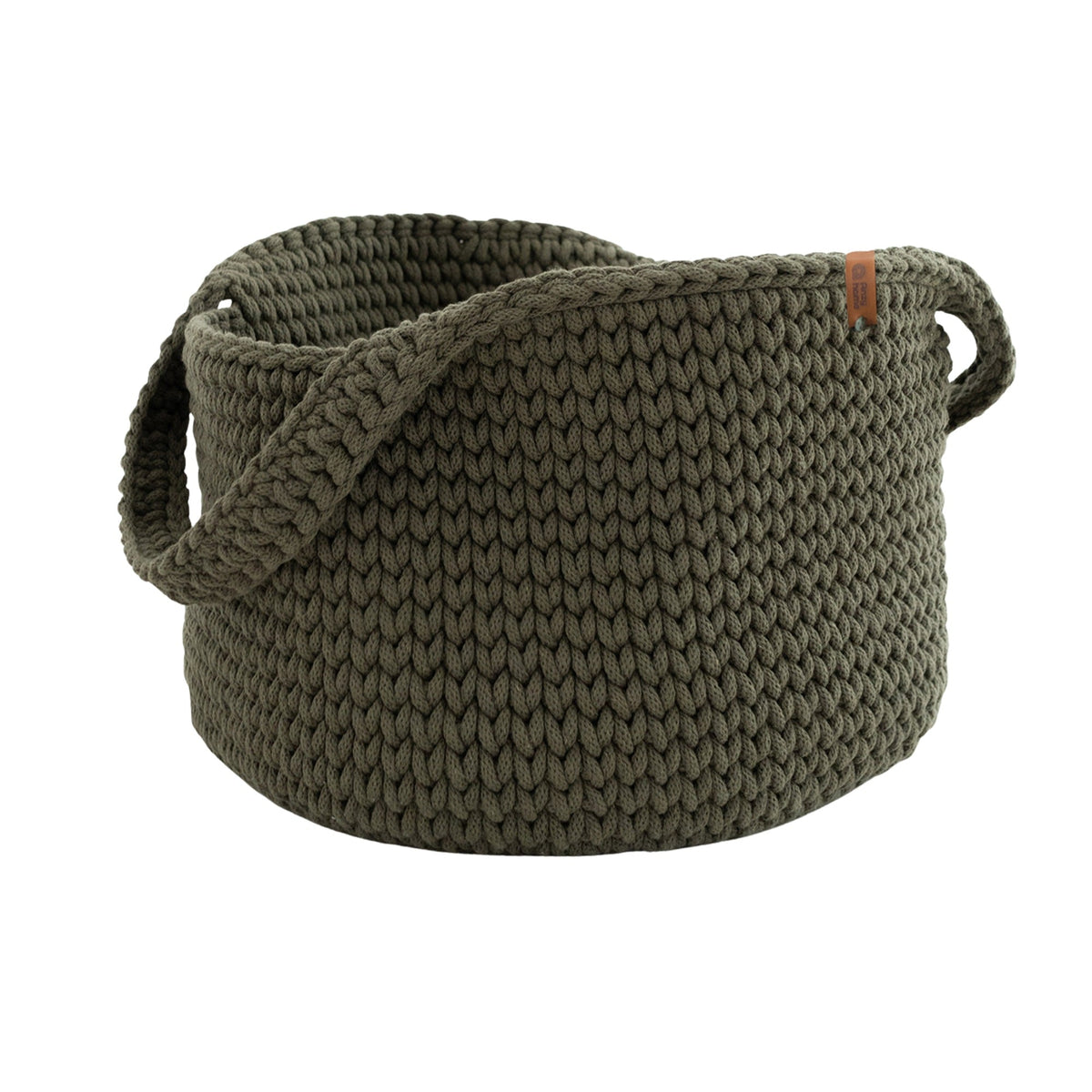 Olive green round knit basket with side handles, textured fabric and rolled edge.