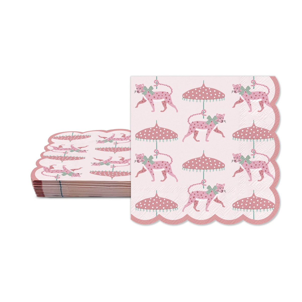 Scalloped pink beverage napkins with leopard and polka-dot dress pattern