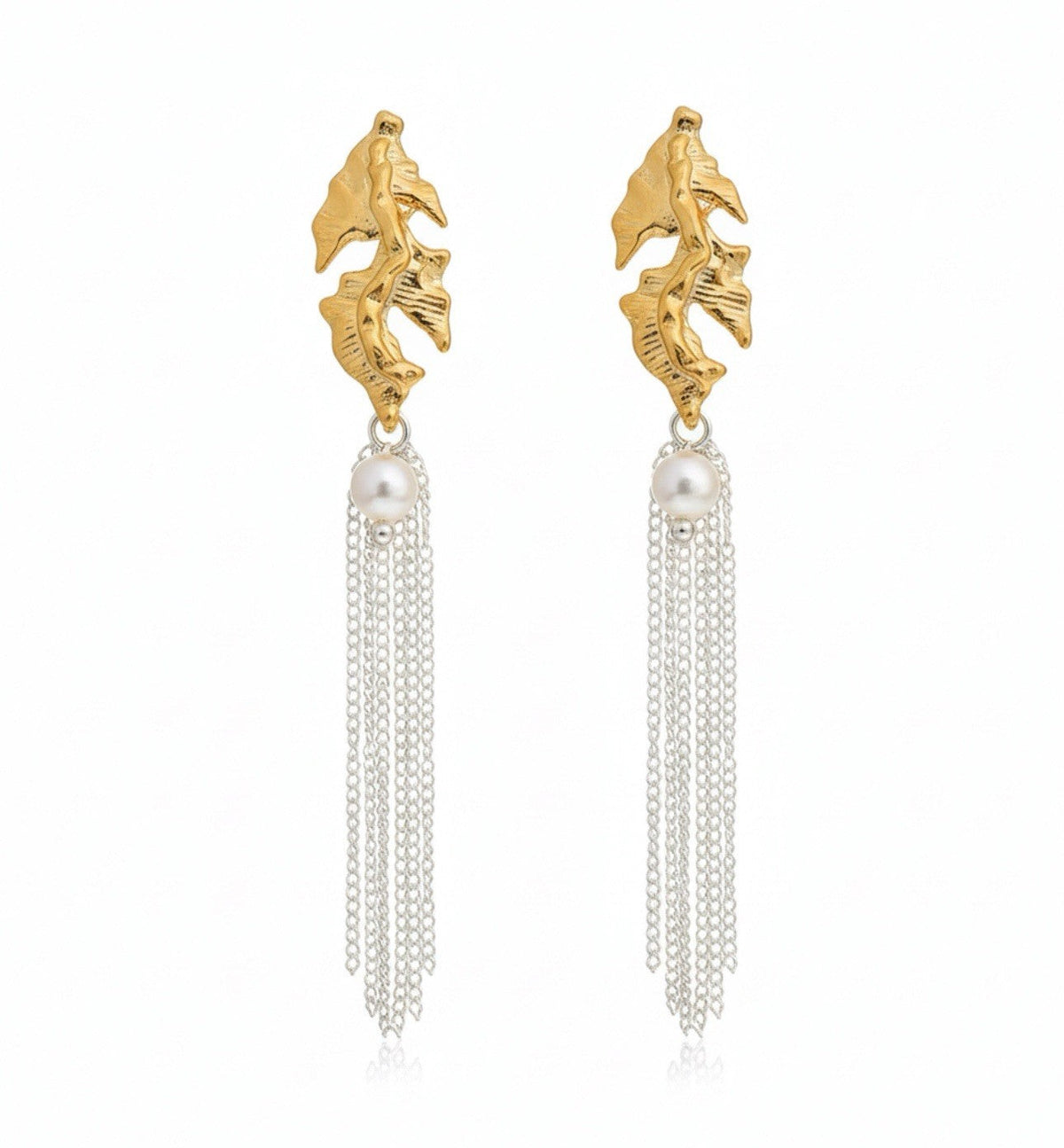 Gold plated seahorse leaf dangle earrings with silver chains and pearl drops