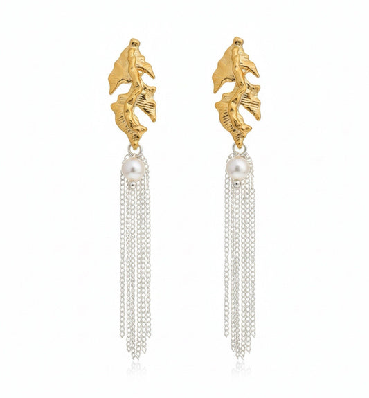 Gold plated seahorse leaf dangle earrings with silver chains and pearl drops