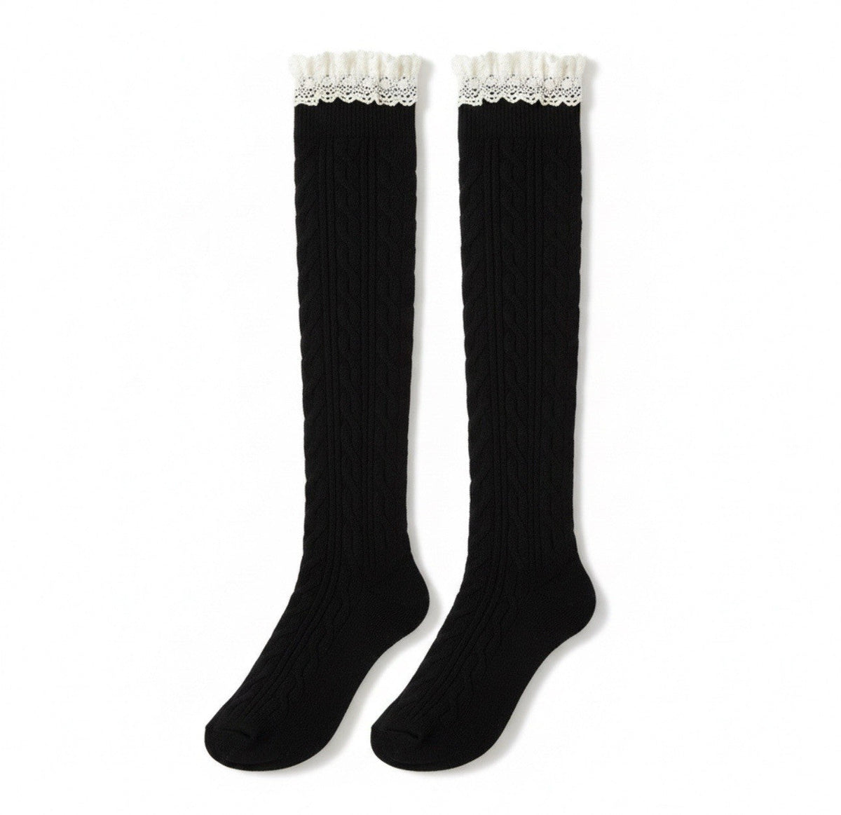 Black knee-high cable knit socks with white lace trim at the cuff