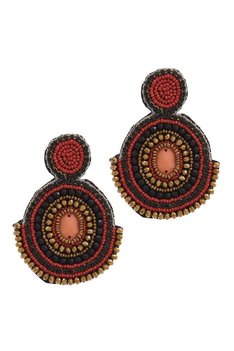 Round beaded handmade earrings with red, gold, and black circular drop design
