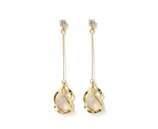 Gold-plated drop earrings with oval cat-eye stones and crystal studs