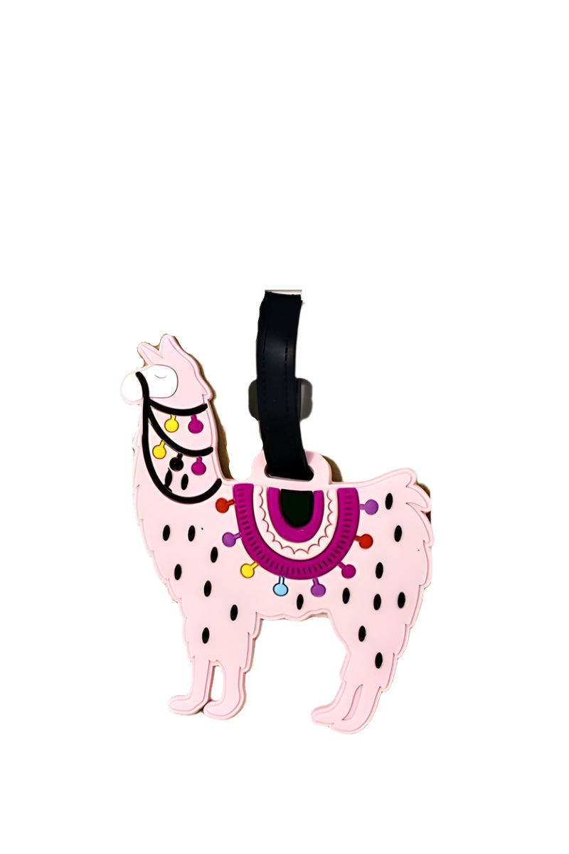 Pink llama luggage tag with colorful saddle design and black strap
