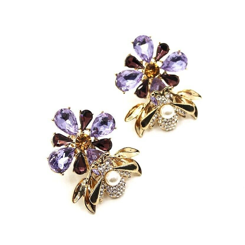 Bee clip-on earrings: purple rhinestones, gold details, and pearl drop accents
