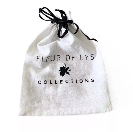 White drawstring jewelry pouch with black ribbon, FLEUR DE LYS COLLECTIONS print