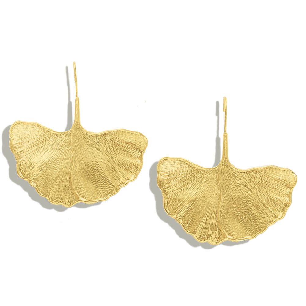 Gold leaf drop hook earrings with textured gold leaf ginkgo-style shape