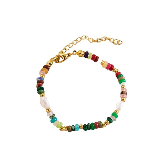 Handmade beaded bracelet with multicolor beads and gold-tone clasp chain