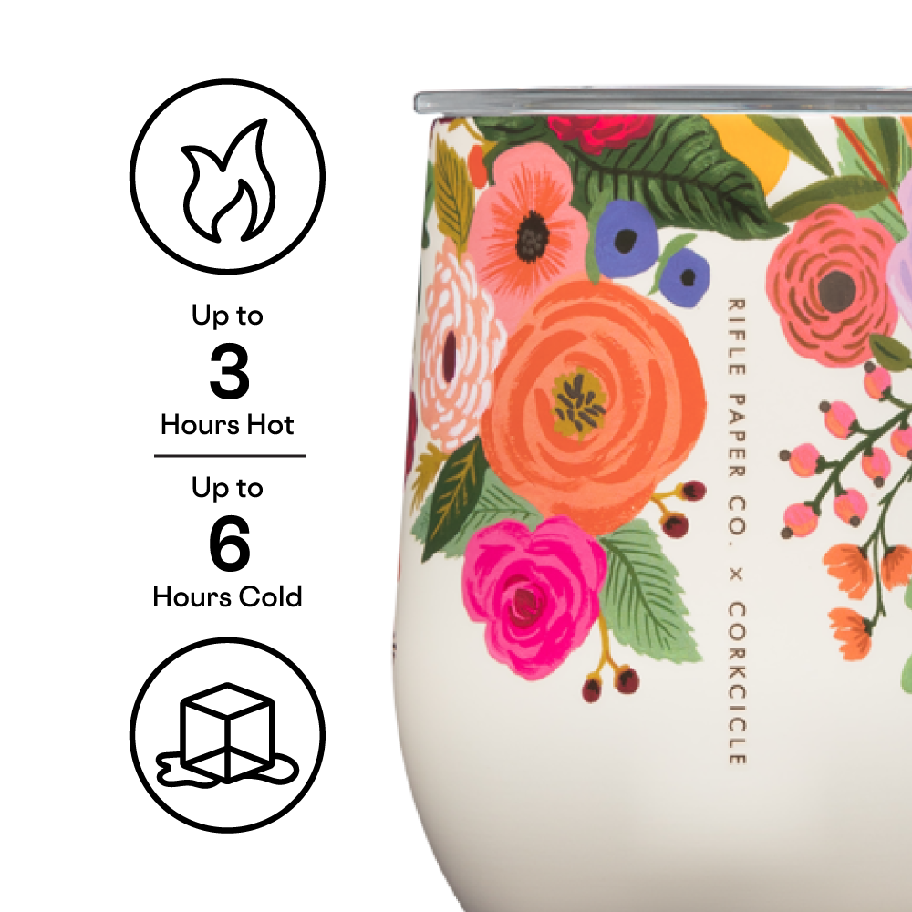 Cream stemless 12oz tumbler with floral garden print and clear lid