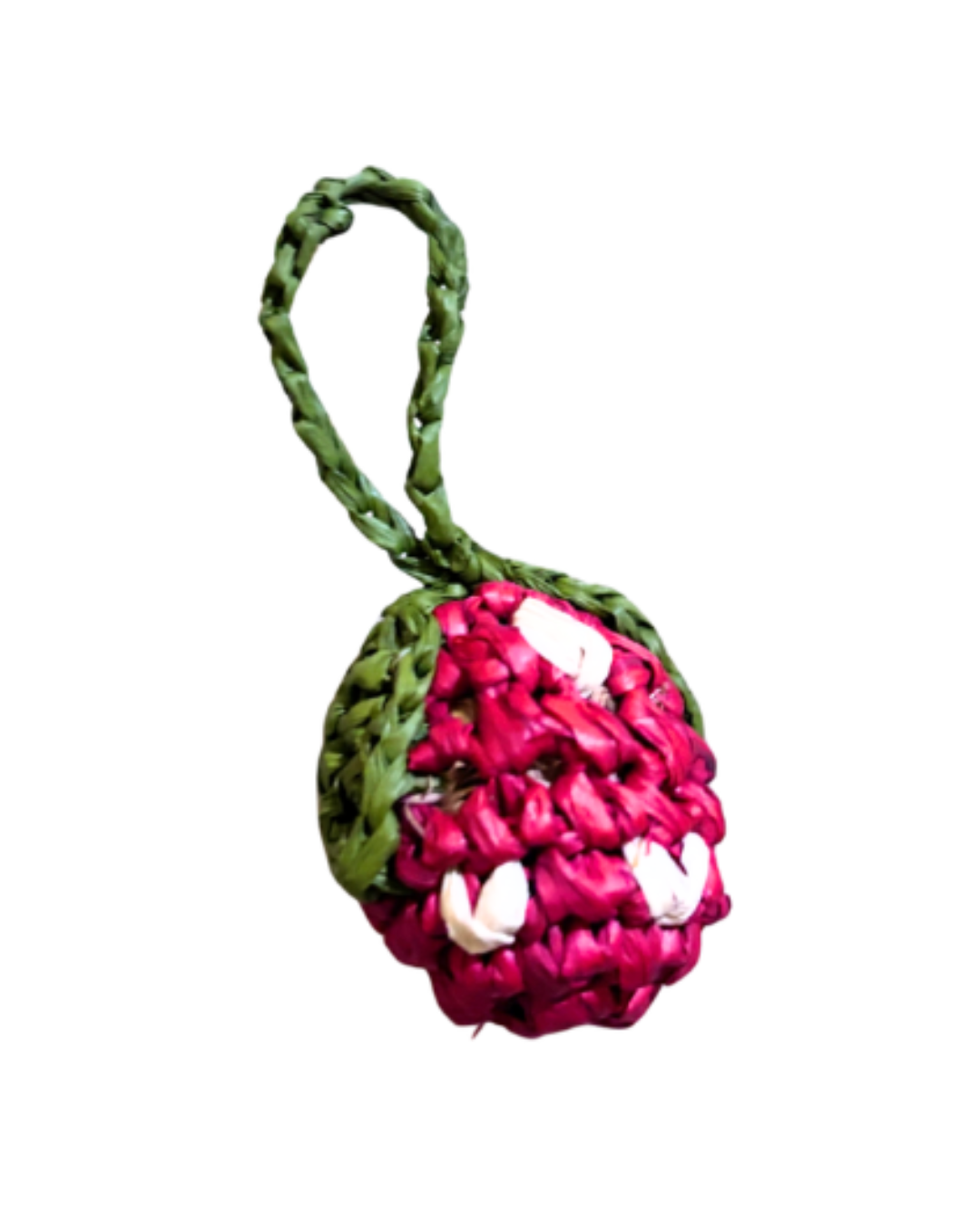Strawberry-shaped raffia keychain with green leaf strap and pink berry pouch