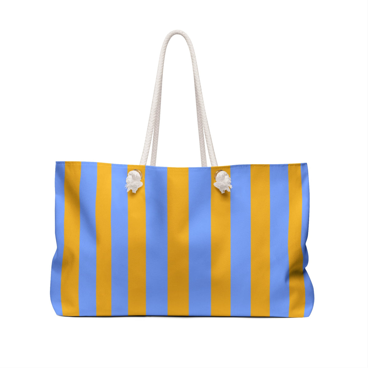 Striped beach tote with rope handles and white pom-pom charms, blue and yellow
