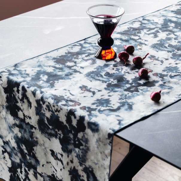 Grey marble-pattern runner with dark grey border trim, flat diagonal