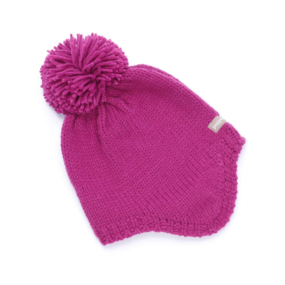 Berry pink knitted kids' earflap hat with a large pom-pom