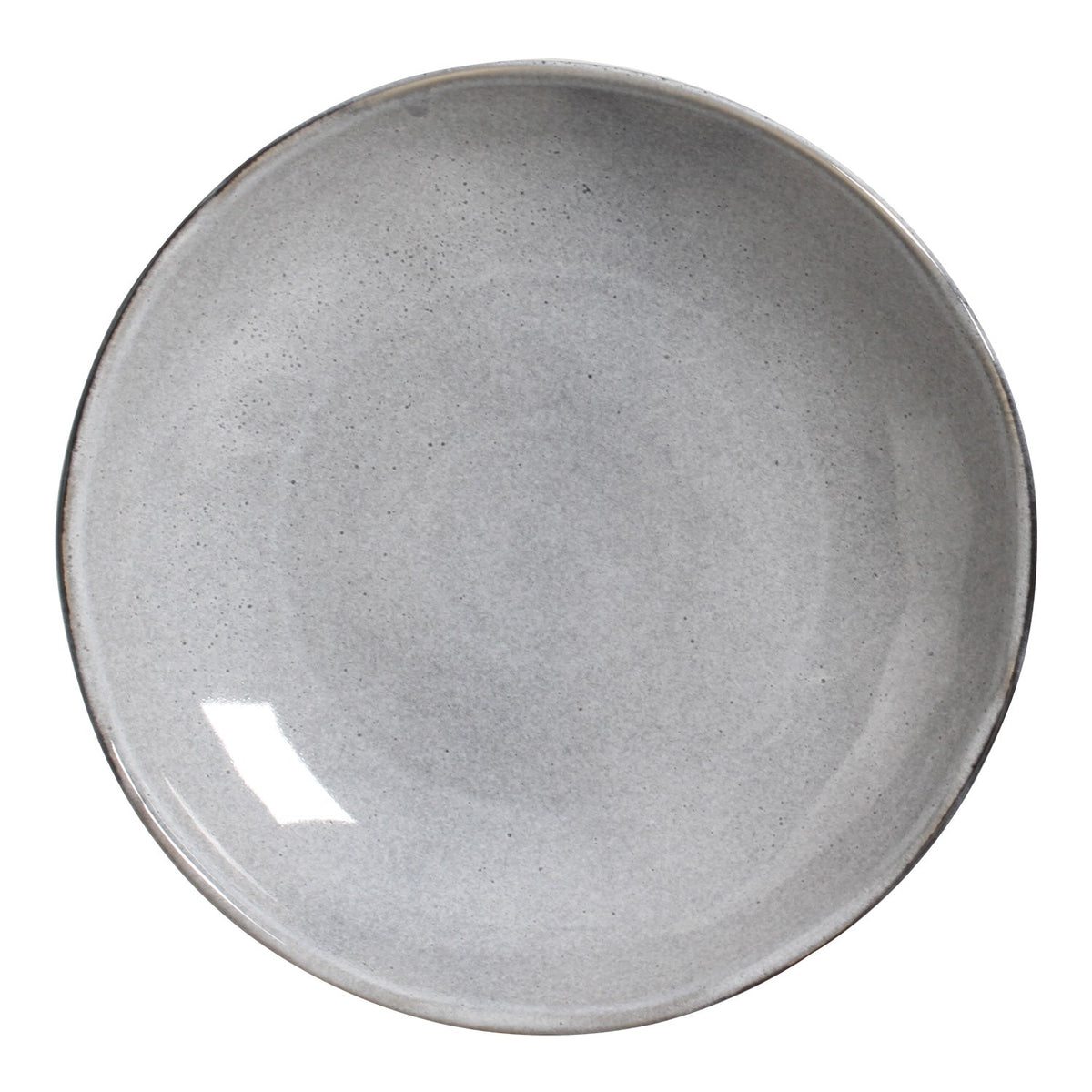 Grey speckled round pasta plate, shallow bowl with glossy reactive glaze.