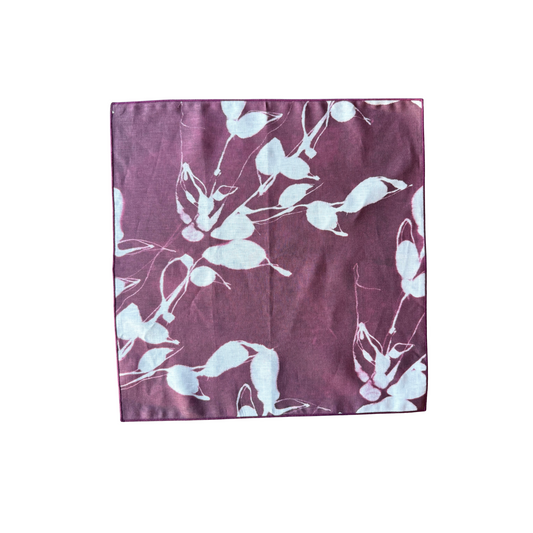 Aubergine floral print linen napkin, full pattern, folded rectangle
