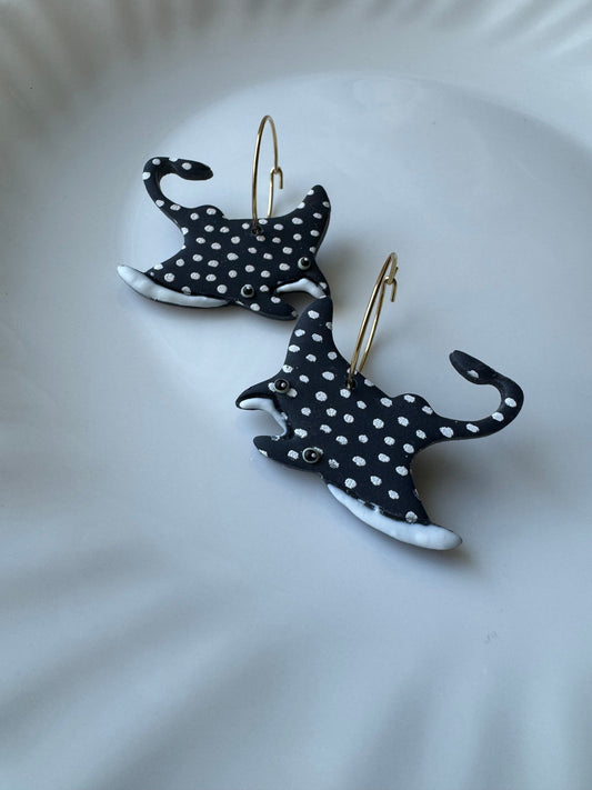 Stingray hoop earrings, black with white dots and gold-toned fishhook backs