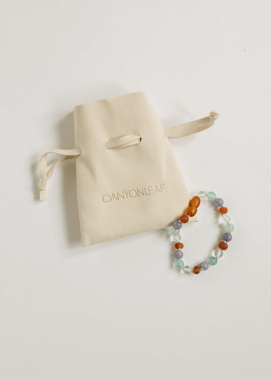 Canyonleaf cotton pouch with multicolor orange and aqua bead bracelet/anklet