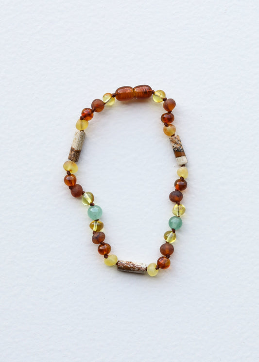 Beaded amber and striped agate bracelet with multicolor stones, elastic stretch