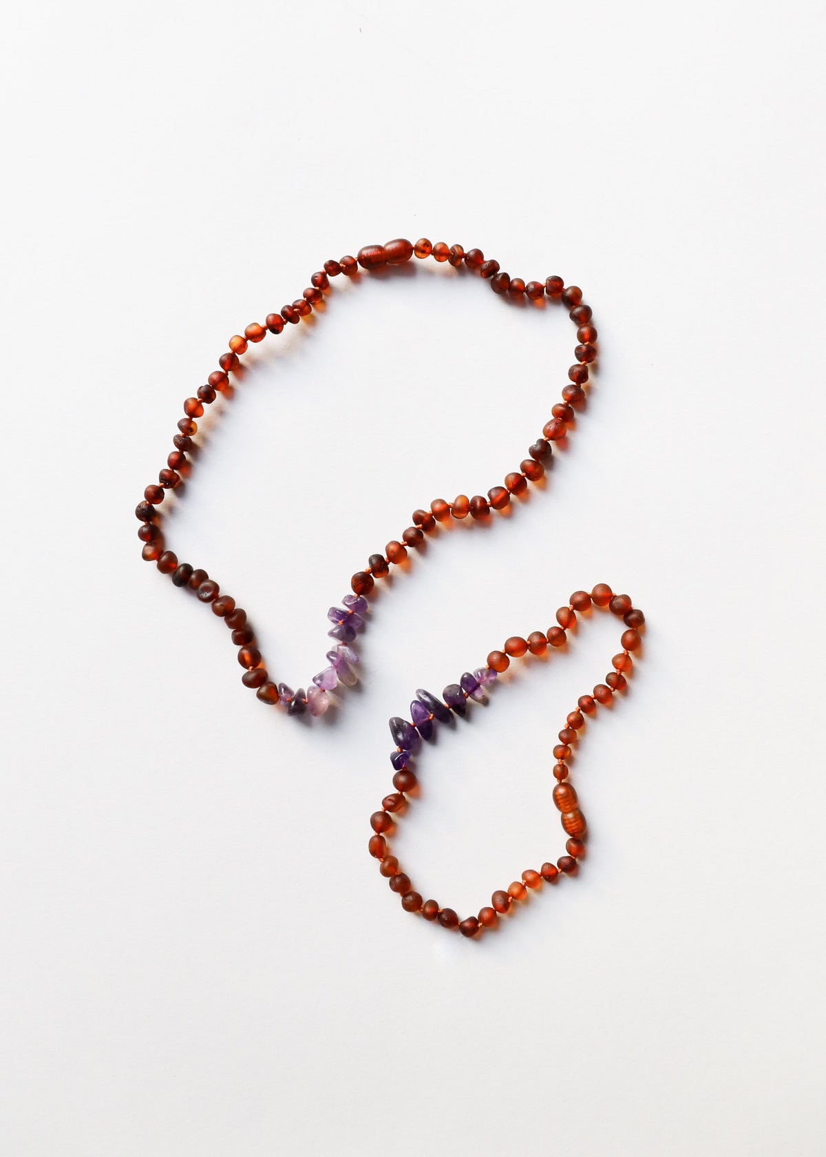 Amber and amethyst bead necklace set, two raw stone necklaces with purple points