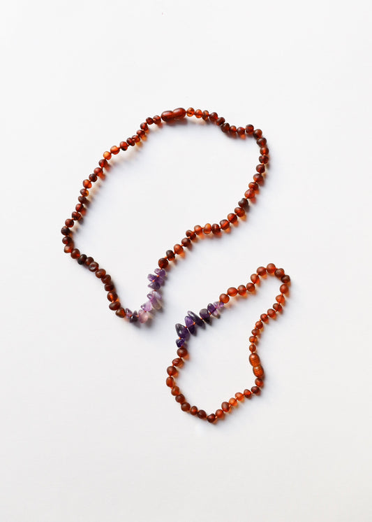 Amber and amethyst bead necklace set, two raw stone necklaces with purple points