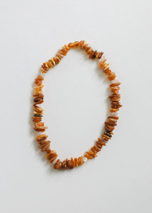 Raw amber and rose quartz pet necklace with orange and pink stone chip beads