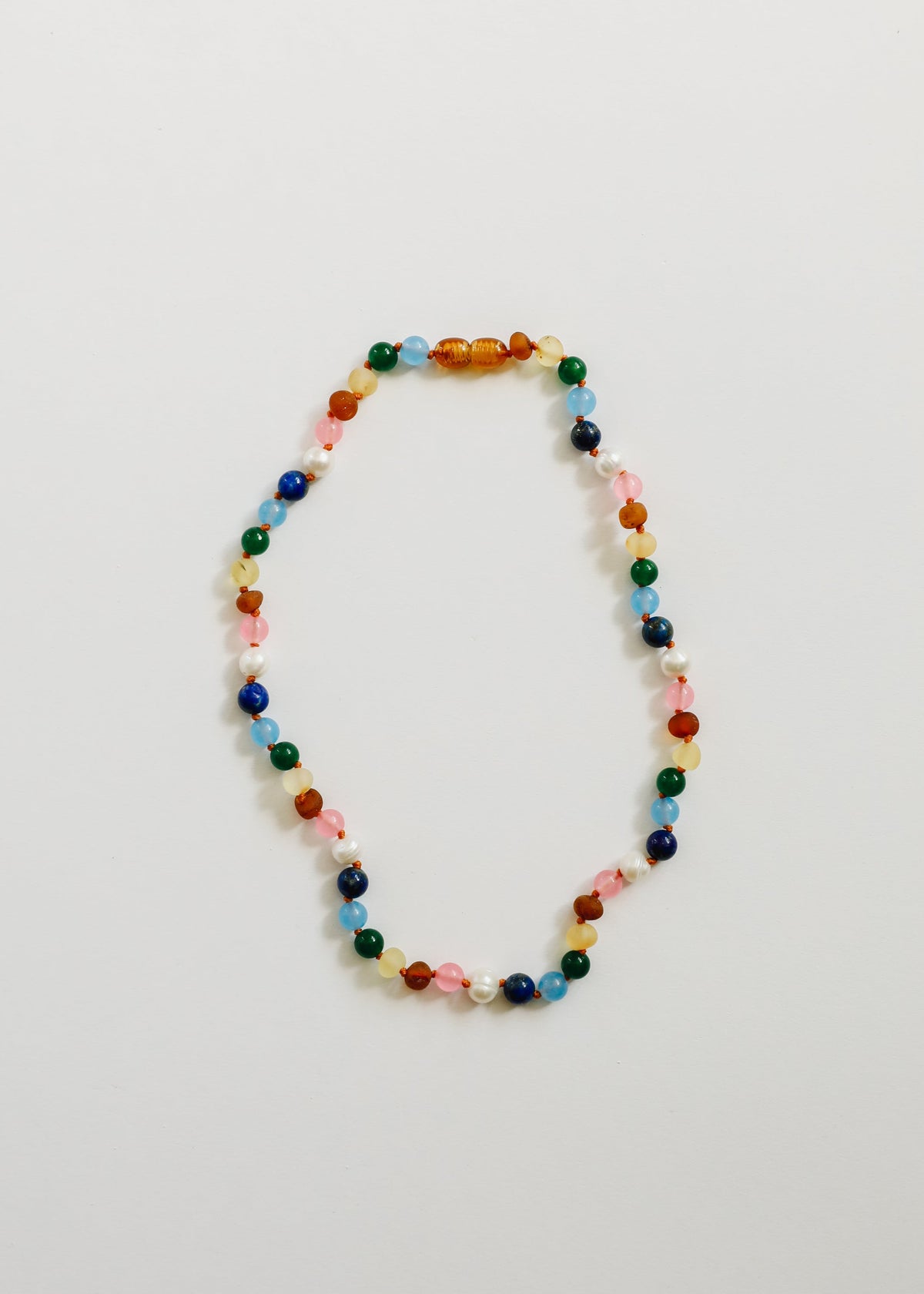 Multicolor gemstone beaded necklace with pearl-white bead accents