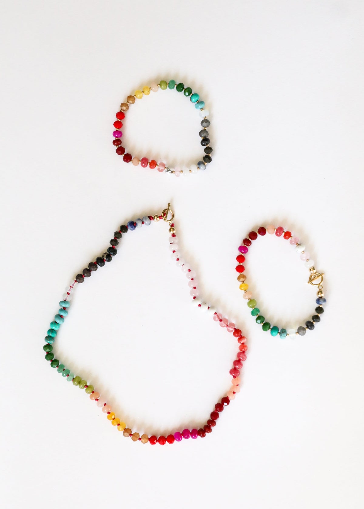 Rainbow multi-color gemstone beaded necklace with gold toggle clasp