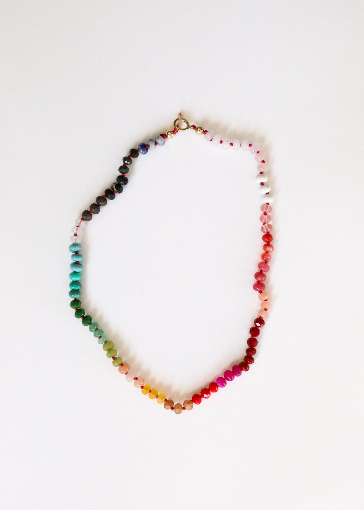 Rainbow multi-color gemstone beaded necklace with 14k gold-filled toggle clasp