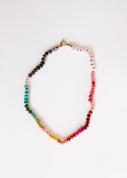 Rainbow multi-color gemstone beaded necklace with 14k gold-filled toggle clasp