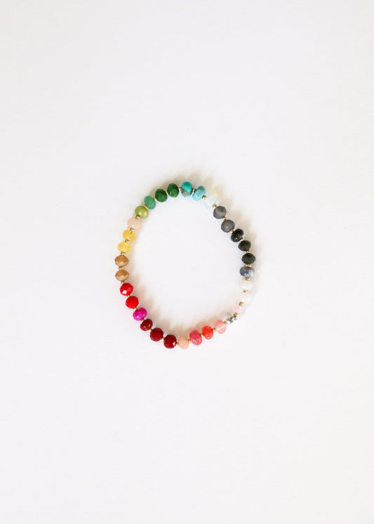Rainbow gemstone beaded bracelet with gold-tone toggle clasp, multicolor stone pattern