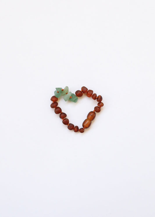 Raw cognac amber bead bracelet with green aventurine accents, stretch fit