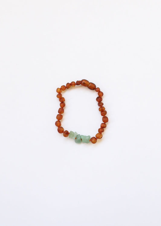 Raw amber bead bracelet with green aventurine chips, stretch style