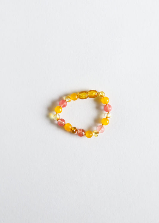 Honey amber and pink beaded bracelet/anklet with round faceted stones