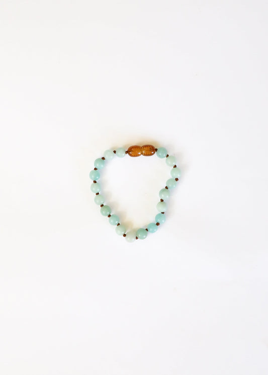 Beaded amazonite bracelet with amber center bead, small heart-shaped hoop