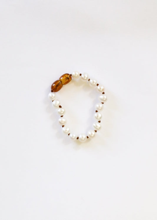 White pearl bead anklet/bracelet with brown amber gemstone beads, small round links